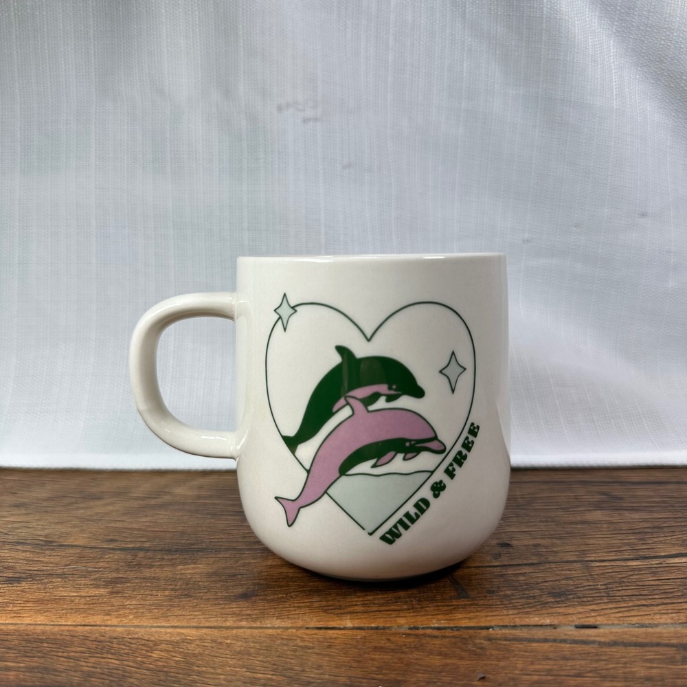 UO‎ Home Wild & Free Dolphins Heart Coffee Mug Ivory Ceramic Ocean Graphic